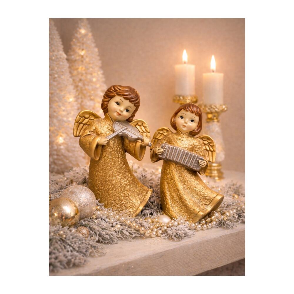 Vintage 50s 60s Choir Gold Angels Figurines Ceramic Christmas Decor - Set Of 2